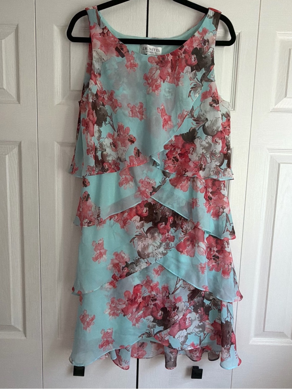 JR Nites Aqua Floral Layered Chiffon A-Line Dress